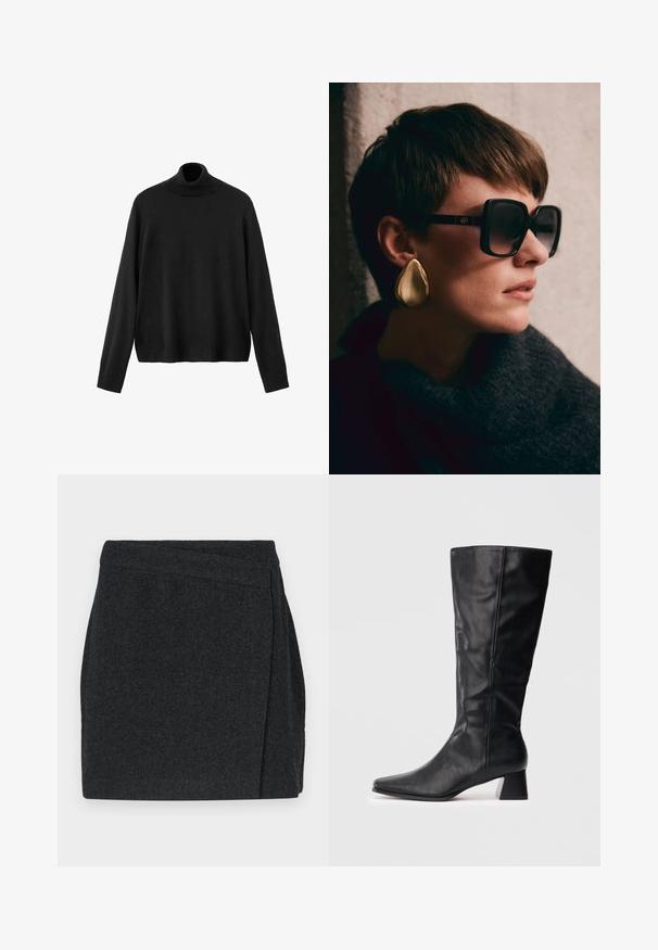 Pulover negru cu guler înalt, realizat din material tricotat, cu mâneci lungi, guler strâns și tiv ușor scurtat. Textură netedă, culoare uniformă.; Fustă cu model herringbone negru, cu un design înfășurat, având o finisare curată și un material texturat. Lungime până la mijlocul coapsei.; Boot din piele neagră, până la jumătatea gambei, cu vârf ascuțit și toc pătrat, pe un fundal luminos simplu.; Ochelari de soare negri supradimensionați, cu lentile întunecate și accesorii din aur, asortați cu o cercei mari, lucioși în formă de lacrimă, din aur. Eșarfă texturată, închisă la culoare.