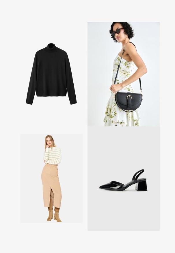 Čierny rolákový sveter z pleteného materiálu, s dlhými rukávmi, priliehavým golierom a mierne skráteným lemom. Hladká textúra, jednofarebný.; Béžová kordová sukňa s prekrývaním, strednej dĺžky s predným rozparkom. Biela mikina s svetlými horizontálnymi pruhmi. Hnedé čižmy po kolená.; Čierne lakované kožené sandálové podpätky s špicatou špičkou a geometrickým blokovým podpätkom. Disponujú elegantným, minimalistickým dizajnom a hladkým povrchom.; Čierna kožená kabelka s zaobleným tvarom, odnímateľným popruhom a zlatými doplnkami. Kabelka má klopu s detailom s prackou.
