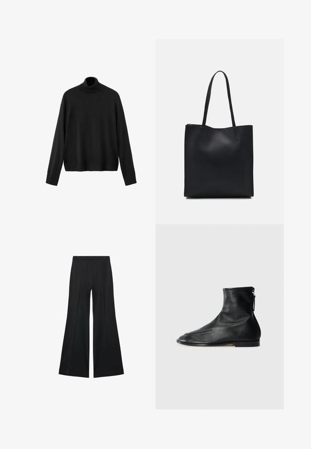 Černý rolákový svetr z pleteného materiálu s dlouhými rukávy, přiléhavým límcem a mírně zkráceným lemem. Hladká textura, jednobarevný.; Černé kalhoty s širokými nohavicemi a hladkou texturou, s předními sklady a přizpůsobeným střihem. Materiál je lehký a splývavý.; Černé kožené kotníkové boty s špičatou špičkou, hladkým povrchem a bočním zipem pro snadné obutí. Nízký podpatek, minimalistický styl.; Černá kožená taška přes rameno s hladkým povrchem, obdélníkovým tvarem a dvěma dlouhými uchy. Žádné viditelné kování ani ozdoby.