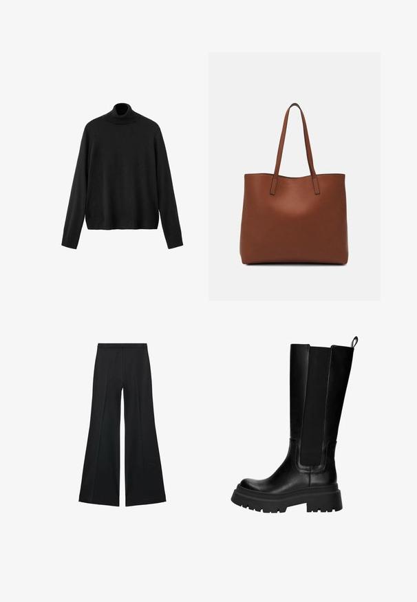 Pulover negru cu guler înalt, realizat din material tricotat, cu mâneci lungi, guler strâns și tiv ușor scurtat. Textură netedă, culoare uniformă.; Pantaloni negri cu croială largă, având o textură netedă, cu pliseuri frontale și un design croit. Materialul este ușor și fluid.; Cizme din piele neagră, până la genunchi, cu panouri elastice pe laterale, talpă robustă din cauciuc și toc gros. Textură netedă, cu detalii de cusături minime.; Geantă de umăr din piele maro cu o textură netedă, design cu vârf deschis și două curele pentru umăr. Prezintă cusături minime și fără componente metalice vizibile.