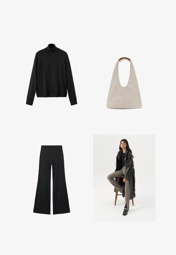 Black turtleneck sweater, made of knit material, features long sleeves, a fitted collar, and a slightly cropped hem. Smooth texture, solid color.; Black wide-leg pants with a smooth texture, featuring front pleats and a tailored design. The fabric is lightweight and flowy.; Black leather trench coat with buttons and belt detail, paired with light brown fitted pants and black loafers, seated on a wooden stool.; Light gray leather bag with a U-shaped design and a curved metallic handle. Smooth texture with minimal stitching and no visible patterns.