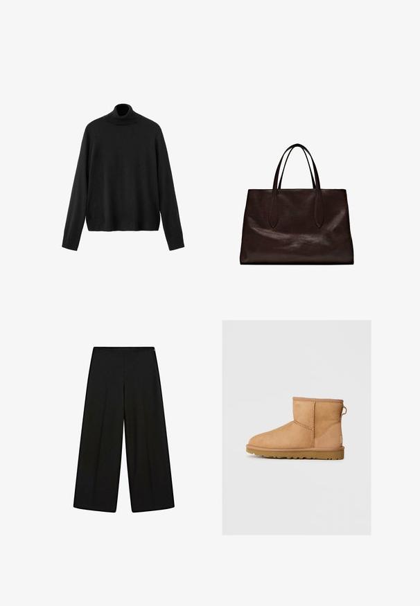 Black turtleneck sweater, made of knit material, features long sleeves, a fitted collar, and a slightly cropped hem. Smooth texture, solid color.; Black wide-leg trousers made of soft fabric, featuring a high waist and pleats, with a smooth texture and no visible embellishments.; Tan suede ankle boot with round toe, stitched detailing, pull tab on back, and a textured rubber sole. Designed for comfort and warmth.; Massimo Dutti Handbag - brown