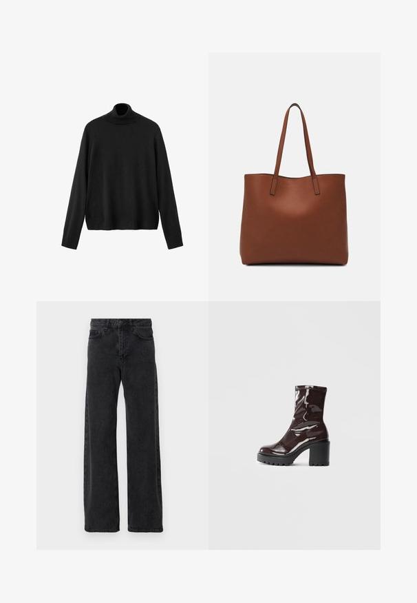 Black turtleneck sweater, made of knit material, features long sleeves, a fitted collar, and a slightly cropped hem. Smooth texture, solid color.; Black denim jeans with a wide-leg design, featuring a classic five-pocket style, button closure, and subtle fading.; Glossy burgundy ankle boot with a chunky black heel, featuring a smooth texture and simple design. No visible fastenings or patterns.; Brown leather tote bag with a smooth texture, open top design, and two shoulder straps. Features minimal stitching and no visible hardware.