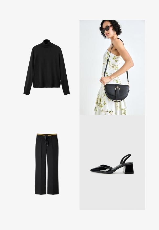 Pull à col roulé noir en tissu tricoté, avec manches longues, col ajusté et ourlet légèrement raccourci. Texture lisse, couleur unie.; Pantalons larges noirs avec une taille à cordon. Présentent un accent doré contrastant sur la ceinture. Fabriqués en tissu doux et lisse.; Escarpins en cuir verni noir avec bout pointu et talon bloc géométrique. Présente un design élégant et minimaliste ainsi qu'une texture lisse.; Sac à main en cuir noir avec une forme courbée, bandoulière amovible et des accessoires en or. Le sac est doté d'un rabat avec un détail de boucle.
