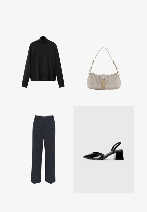 Pulover negru cu guler înalt, realizat din material tricotat, cu mâneci lungi, guler strâns și tiv ușor scurtat. Textură netedă, culoare uniformă.; Pantaloni bleumarin cu dungi verticale albe, design cu picioare largi, material neted, curea, și o pliu pe față pentru un look elegant.; Pantofi cu toc slingback din piele lacuită neagră, cu vârf ascuțit și toc geometric. Prezintă un design elegant, minimalist și o textură netedă.; Geantă de mână din piele gri deschis, cu o formă curbată, accesorii din aur, un sistem de închidere în față și detalii cusute. Include o curea de umăr ajustabilă.