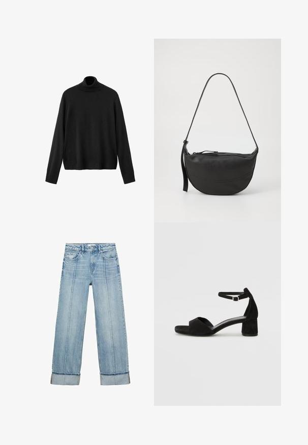 Black turtleneck sweater, made of knit material, features long sleeves, a fitted collar, and a slightly cropped hem. Smooth texture, solid color.; Light blue denim wide-leg jeans with a high waist, featuring five pockets, visible stitching, and turned-up hems at the cuffs.; Black suede heeled sandals with a thin ankle strap, open toe design, and a modest block heel. Smooth texture and minimal accents.; Black leather shoulder bag with curved shape, single strap, zippered closure, and subtle stitch detailing along the body.