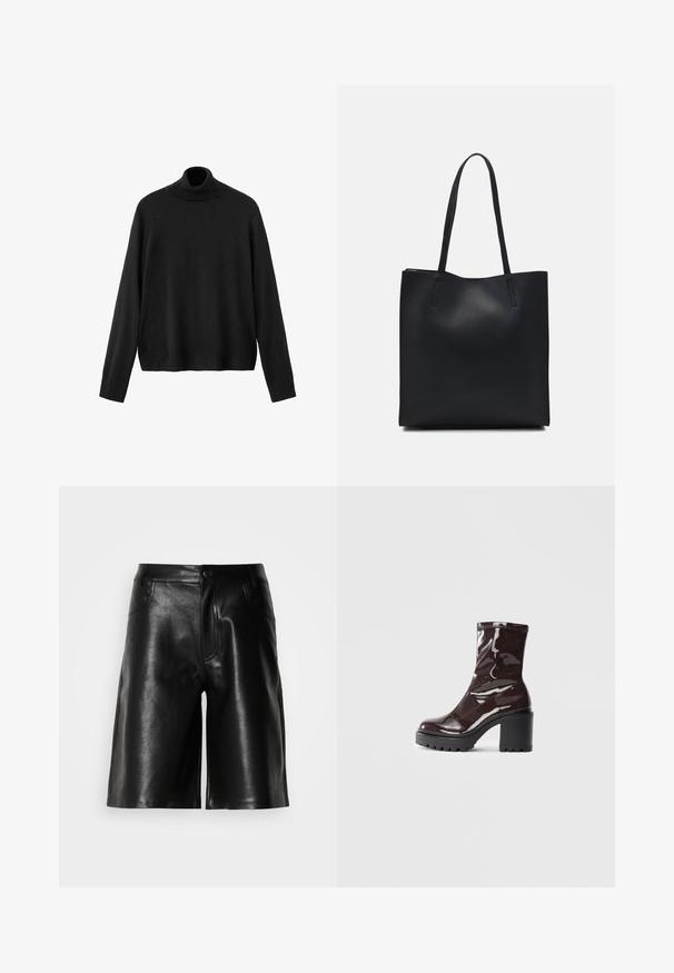 Black turtleneck sweater, made of knit material, features long sleeves, a fitted collar, and a slightly cropped hem. Smooth texture, solid color.; Black leather shorts with a smooth texture, featuring front pockets, a zipper fly, and a tailored fit.; Glossy burgundy ankle boot with a chunky black heel, featuring a smooth texture and simple design. No visible fastenings or patterns.; Black leather tote bag with smooth texture, rectangular shape, and two long handles. No visible hardware or embellishments.
