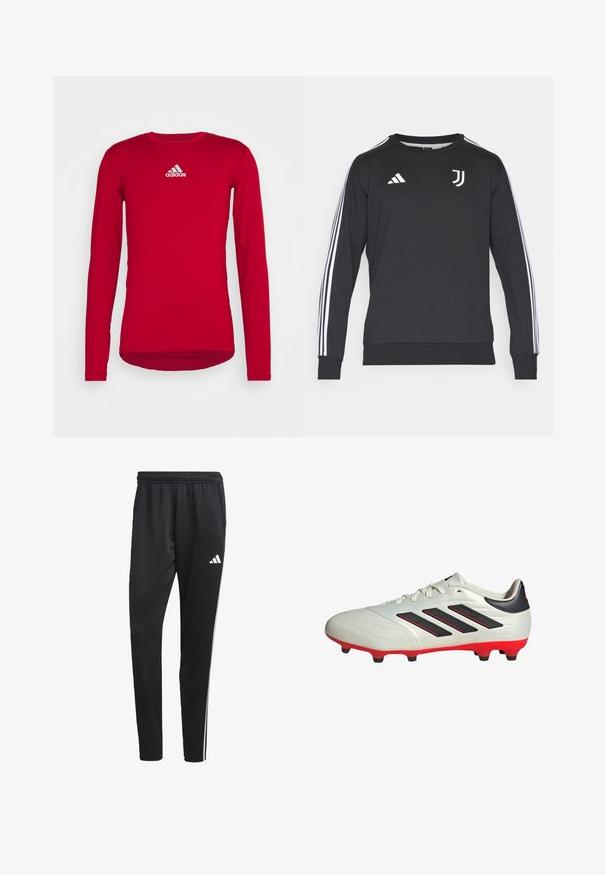 Felpa nera a maniche lunghe con logo Adidas bianco e tre strisce bianche lungo ciascun manica. Collo rotondo e polsini a coste.; Maglietta atletica rossa a maniche lunghe realizzata in tessuto elastico, con collo rotondo e logo bianco Adidas sulla parte superiore frontale. Texture liscia.; Pantaloni sportivi neri con una cintura elastica, strisce laterali bianche e un piccolo logo bianco sulla coscia. Realizzati in un materiale liscio e leggero.; Scarpa da calcio bianca con accenti neri e suola rossa. Presenta tre strisce nere sul lato e una tomaia liscia e testurizzata.