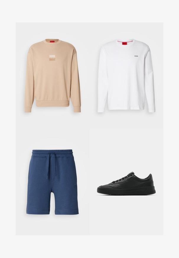 Sweatshirt bege com decote redondo e punhos canelados. Apresenta um pequeno logotipo quadrado em cores claras na parte da frente. Textura macia e suave.; Camisa branca de mangas longas feita de algodão, com decote redondo, logotipo preto "HUGO" no lado esquerdo do peito e uma textura suave.; Bermudas de algodão azul-marinho com cintura elástica, cordão e bolsos laterais. Apresenta um pequeno patch do logo no lado esquerdo.; Sapatilha preta com parte superior em couro liso, bico arredondado, cadarços planos, colarinho almofadado e design minimalista. Sola de borracha com padrão de tração discreto.