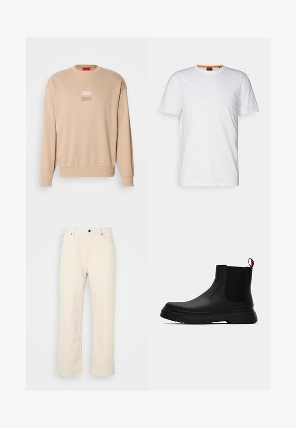 Beež sweatshirt ümarate krae ja soonikuga varrukate otsades. Ees on väike ruudukujuline logo heledates värvustes. Pehme, sile tekstuur.; Valge puuvillane T-särk ümmarguse kaelusega, lühikeste varrukatega ja rinna peal diskreetse reljeefse logoga. Siseetiketil on oranž detail.; Beez värvi sirged püksid, valmistatud puuvillast, millel on sinised nööpkaunistused, viis taskut ning puhas disain ilma nähtavate mustriteta.; Mustad musta värvi ankle boot, millel on sile viimistlus, elastsed külgpaneelid ja kontrastne punane tõmbetaba. Saapadel on paks kummist tald ja ümar varvas.