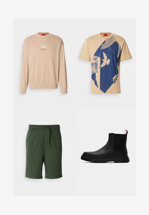 Sudadera beige con escote redondo y puños acanalados. Presenta un pequeño logotipo cuadrado en colores claros en la parte frontal. Textura suave y lisa.; Camiseta de algodón beige con un patrón geométrico azul y un diseño de ave. Etiqueta roja con "HUGO" en el cuello. Mangas cortas, cuello redondo.; Pantalones cortos de color verde oscuro con una cintura elástica, detalle de cordón, bolsillos y una suave mezcla de algodón. Longitud hasta la mitad del muslo.; Botín negro con un acabado liso, paneles laterales elásticos y una lengüeta de tirón roja contrastante, que presenta una suela de goma gruesa y punta redondeada.