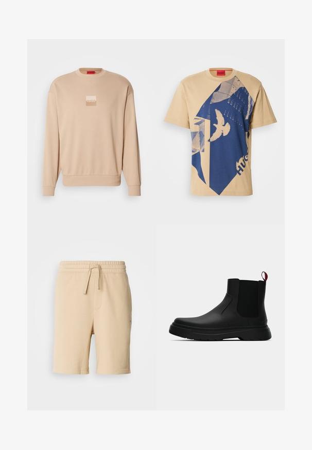 Beige sweatshirt med rund halsudskæring og ribstrikkede ærmekanter. Har et lille firkantet logo i lyse farver foran. Blød, glat tekstur.; Beige bomulds T-shirt med et blåt geometrisk mønster og et fugledesign. Rød label med "HUGO" ved halsen. Korte ærmer, rund hals.; Beige bomuldsblandede shorts med elastisk talje, snøredetalje, sidelomme og lige ben. Glat tekstur og enkelt design.; Sort ankelstøvle med en glat overflade, elastiske sidepaneler og en kontrasterende rød træksløjfe, der har en tyk gummisål og rund tå.