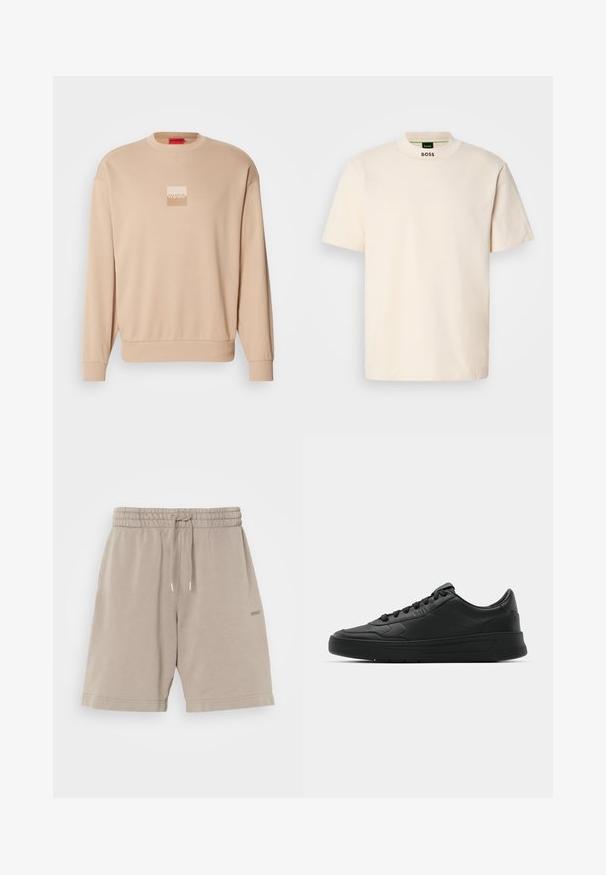 Felpa beige con scollatura rotonda e polsini a costine. Presenta un piccolo logo quadrato in colori chiari sul davanti. Texture morbida e liscia.; Maglietta a maniche corte color crema con colletto alto, con la scritta "BOSS" stampata in nero sulla parte anteriore del collo e sull'etichetta interna.; Pantaloni corti in cotone beige con vita elasticizzata, chiusura con cordoncino e tasche laterali. Tessuto liscio con logo stampato sulla gamba.; Sneaker nera con tomaia in pelle liscia, punta rotonda, lacci piatti, collare imbottito e design minimalista. Suola in gomma con un delicato motivo a rilievo.