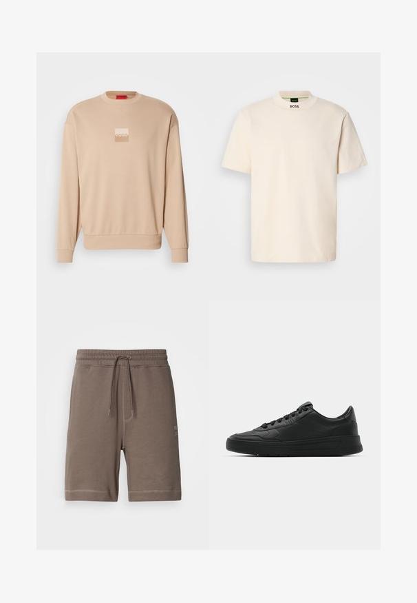 Sudadera beige con escote redondo y puños acanalados. Presenta un pequeño logotipo cuadrado en colores claros en la parte frontal. Textura suave y lisa.; T-shirt de manga corta color crema con collar alto, que presenta la palabra "BOSS" impresa en negro en la parte delantera del cuello y en la etiqueta interior.; Pantalones cortos de mezcla de algodón marrón con cinturilla elástica, cordón ajustable y bolsillos laterales. Presenta costuras en contraste y un parche con el logo.; Zapatilla negra con parte superior de cuero liso, puntera redonda, cordones planos, cuello acolchado y diseño minimalista. Suela de goma con un patrón de relieve sutil.