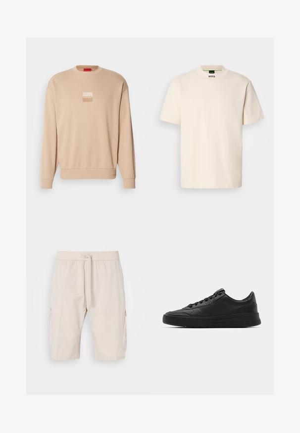 Beež sweatshirt ümarate krae ja soonikuga varrukate otsades. Ees on väike ruudukujuline logo heledates värvustes. Pehme, sile tekstuur.; Kreemja värvi lühikeste varrukatega T-särk kõrge kaelusega, mille ees on musta värvi kiri "BOSS" trükitud kaelaosa ja siltide peale.; Beežid cargo lühikesed püksid, elastse vöökoha ja nööriga, millel on kaks küljetaskut ja sile, kerge kangas.; Mustmustel musta nahast ülemise osaga, ümmarguse varbaga, lamest paeltega, pehmendatud kaeluse ja minimalistliku disainiga. Kummist tald, millel on peen tihenemine.