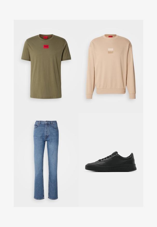 Beige sweatshirt with a round neckline and ribbed cuffs. Features a small square logo in pale colors on the front. Soft, smooth texture.; Olive green cotton t-shirt with a round neckline, short sleeves, and a red square logo patch on the chest. Smooth texture.; Blue denim jeans with a high waist, straight-leg design, and subtle fading. Features classic five-pocket styling and a zip fly closure.; Black sneaker with smooth leather upper, round toe, flat laces, cushioned collar, and minimalistic design. Rubber sole with subtle tread pattern.