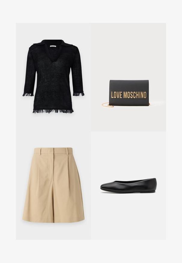 Čierny pletený pulóver s výstrihom do V a golierom. Má rukávy s dĺžkou tri štvrtiny s strapcami na manžetách a leme. Textúrovaný materiál.; Béžové skladané šortky s vysokým pásom, s hladkou textúrou a bez viditeľných zapínaní, navrhnuté pre čistý siluetu.; Paul Smith TOPANGA - Balerínky - black; Čierna kožená kabelka s logom "LOVE MOSCHINO" v zlatej farbe, s preklápacím dizajnom a zlatým reťazcom. Hladká textúra a minimalistický štýl.