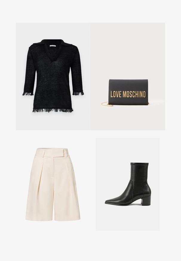 Mustapohja neulepusero V-pääntiellä ja kauluksella. Ominaisuuksiin kuuluu kolmasosa-hihat, joissa on fringe-yksityiskohtia hihansuiden ja helman kohdalla. Rakenteellinen materiaali.; Kermanväriset mukautetut shortsit korkealla vyötäröllä, laskostetulla etupuolella ja sileällä kankaan rakenteella. Ominaisuuksiin kuuluu leveät, lyhyet lahkeet.; Mustat nilkkurit, jotka on valmistettu sileästä nahasta, kärjessä on terävä muoto, paksu korko ja selkeästi kohoavat ompeleet yläreunassa.; Mustapahkoinen nahkalaukku, jossa on kullanvärinen "LOVE MOSCHINO" -logo, käännettävä muotoilu ja kultaketjusanka. Sujuva pinta ja minimalistinen tyyli.
