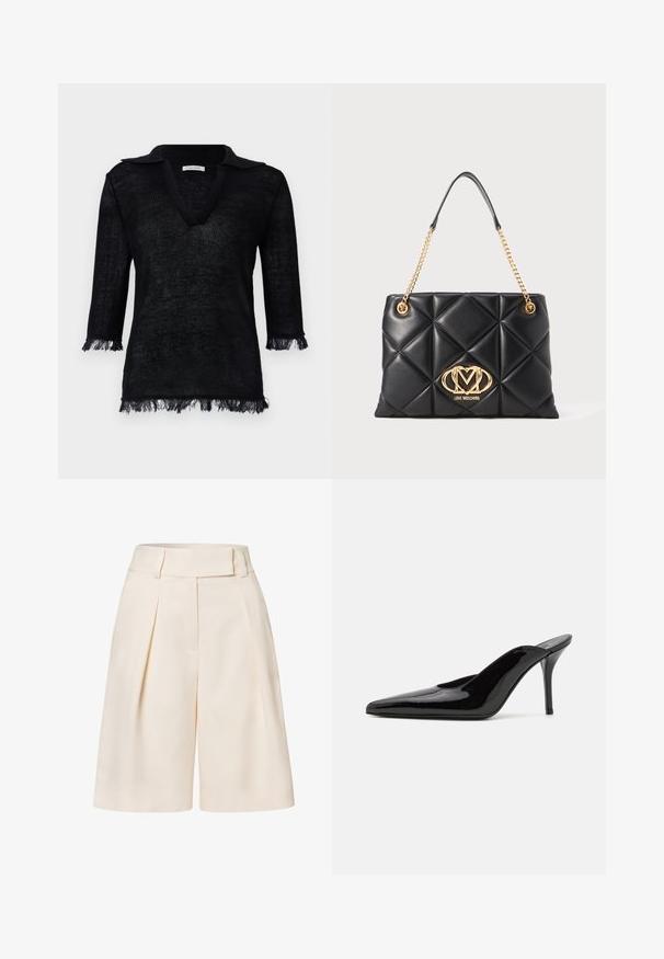 Fekete kötött pulóver V nyakkivágással és gallérral. Háromnegyedes ujjú, a mandzsettán és az alján frufrus részletekkel. Texturált anyag.; Krém színű, magas derekú, elegáns rövidnadrág, redőzött elejével és sima szövet textúrájával. Széles, rövid lábakkal rendelkezik.; Fekete lakkbőr magas sarkú mules cipő, hegyes orral és karcsú sz Siluettel, nyitott hátsó résszel és vékony stilettó sarokkal.; Fekete steppelt kézitáska műbőrből arany lánc pánttal, kiemelkedő arany logóval és gyémánt mintázattal a felületen.