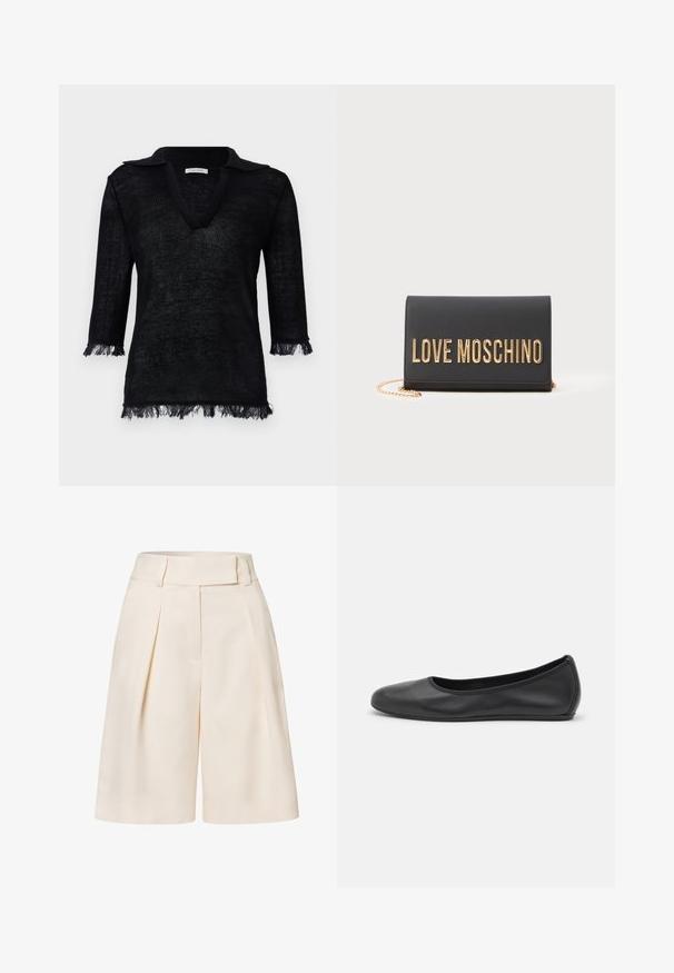 Melnā adīta džemperis ar V veida kaklu un apkakli. Piedāvā trīs ceturtdaļu garuma piedurknes ar fringu detaļām pie piedurknēm un apakšmalas. Strukturēts materiāls.; Krēmkrāsas šorti ar augstu jostasvietu, ar krokām priekšpusē un gludu auduma tekstūru. Iezīmē plašas, īsas kājas.; Melna ādas baleta kurpe ar noapaļotu purngalu, gludu tekstūru, minimālu šuvju detalizāciju un elastīgu zoles dizainu.; Melna ādas maciņš ar zelta "LOVE MOSCHINO" logotipu, salokāma dizaina un zelta ķēdes siksnu. Gluda tekstūra un minimālisma stils.