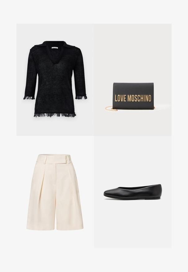 Suéter negro de punto con escote en V y cuello. Presenta mangas de tres cuartas de longitud con detalles de flecos en los puños y el dobladillo. Material texturizado.; Bermudas de color crema, ajustadas y de cintura alta, con un frente plisado y una textura de tela suave. Presentan piernas anchas y recortadas.; Paul Smith TOPANGA - Bailarinas - black; Clutch de cuero negro con un logotipo dorado "LOVE MOSCHINO", diseño de solapa y correa de cadena dorada. Textura suave y estilo minimalista.