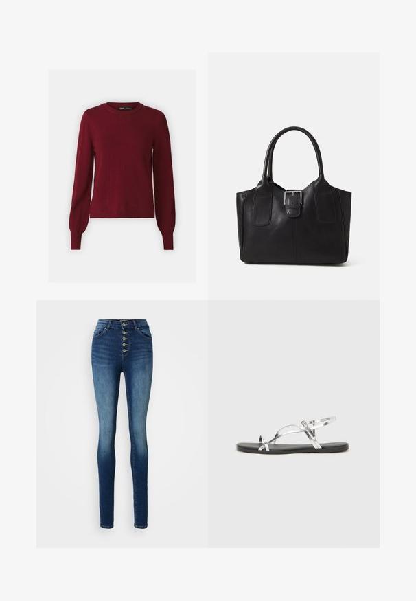 Burgundi spalvos megztinis, pagamintas iš minkštos audinio, turintis apvalų kaklą, ilgomis rankovėmis ir raštuotais kraštais bei rankovėmis. Paprastas, klasikinis dizainas.; Aukštai juosmens džinsai, tamsiai mėlyni, su lygiu paviršiumi, su penkiais mygtukais priekyje ir siauru kirpimu. Klasikinis penkių kišenių dizainas.; Sidabriniai metaliniai sandalai su minimalistiniu dizainu, turintys plonas dirželius ir juodą plokščią padą. Išskirtinai pabrėžiami kryžminiai dirželių akcentai.; Juodas odinis nešiojamas krepšys su lygiu paviršiumi, struktūrine forma, dviem rankenėlėmis ir ryškiu sidabriniu sagties akcentu priekyje.