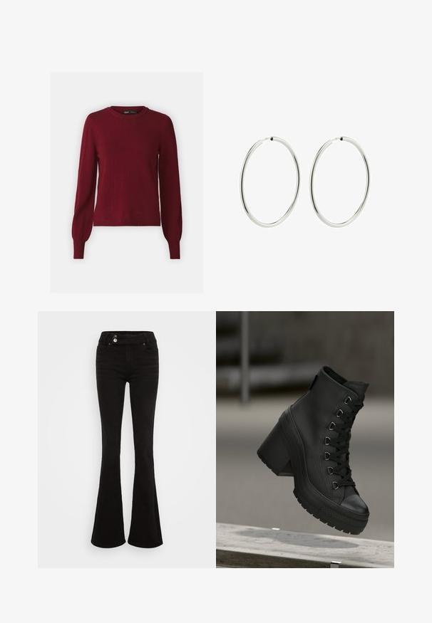 Burgundijas krāsa, mīksta adīšanas auduma džemperis ar apaļu kakla izgriezumu, garām piedurknēm un ribotu apakšmalu un piedurkņu galiem. Vienkāršs, klasiskas dizains.; Melni izplešoti džinsi, kas izgatavoti no denima, ar augstu jostasvietu un dubultā pogas aizdari, diviem priekšējiem kabatām un gludu tekstūru.; Melnas augstas platformas zābaki ar teksturētu ādas apdari, priekšējo auklu sasaisti un masīlu papēdi. Ievērojama gumijas zole ar izteiksmīgiem zīmējumu rakstiem.; Sudraba riņķa auskari ar gludu, pulētu apdari. Apaļa forma, vienāda platuma, izstrādāti vieglai aizdarei. Vienkārši un eleganti.