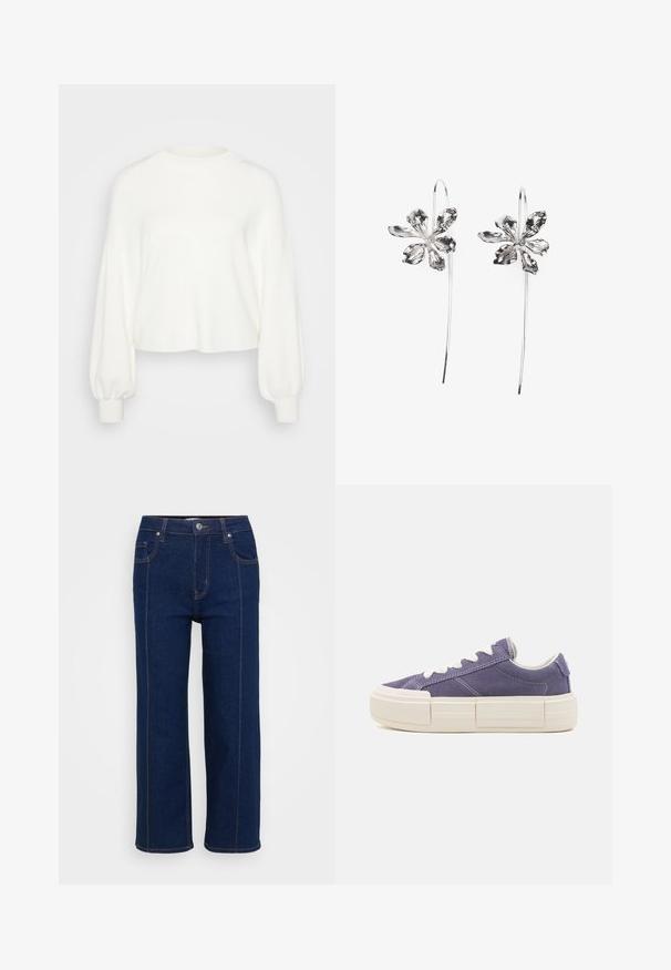 White cropped sweater made of soft knit fabric. Features long, puffed sleeves with ribbed cuffs and a round neck design.; Dark blue straight-leg jeans with button closure, front and back pockets, and visible orange stitching along seams.; Purple suede sneaker with white laces, chunky cream sole, and contrasting stitching. Features a low-cut design and rounded toe.; Silver flower-shaped earrings with a textured finish, featuring long hooks and petal-like details for an intricate design.