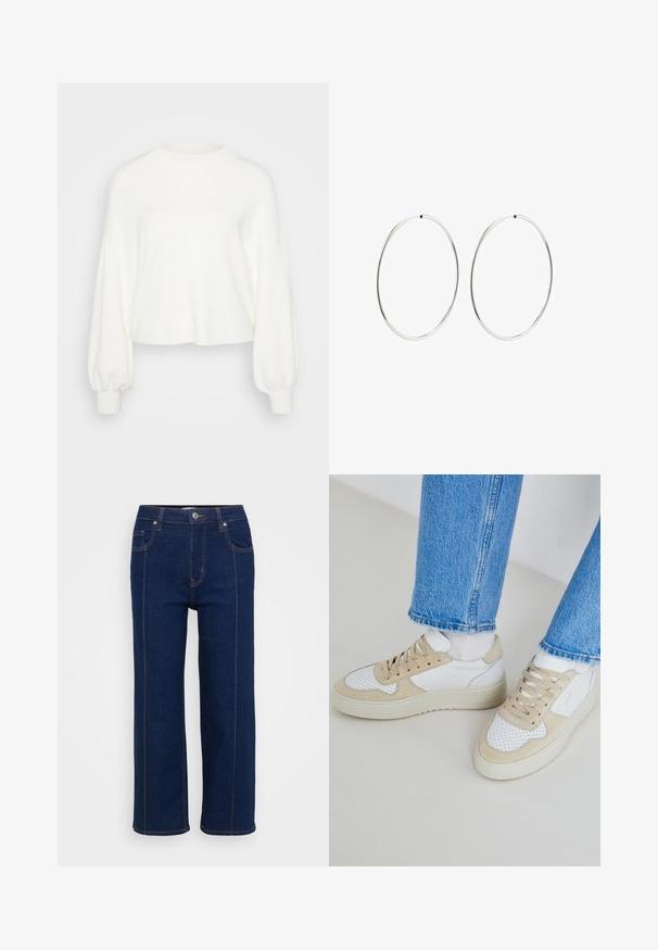 Weißer, kurz geschnittener Pullover aus weichem Strickstoff. Verfügt über lange, puffartige Ärmel mit gerippten Bündchen und einem runden Ausschnitt.; Dunkelblaue gerade Jeans mit Knopfverschluss, vorderen und hinteren Taschen sowie sichtbaren orangefarbenen Nähten entlang der Nähte.; Weiße und beige Sneaker mit perforierten Details, einem glatten Lederobermaterial und einer dicken Gummisohle. Kombination mit hellblauen Jeans.; Silberne Creolen mit einem glatten, runden Design und einer polierten Oberfläche. Sie sind dünn und leicht und verfügen über einen einfachen Verschluss.
