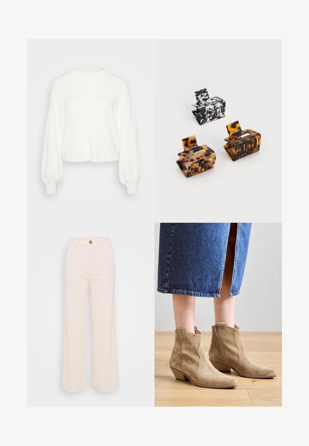 White cropped sweater made of soft knit fabric. Features long, puffed sleeves with ribbed cuffs and a round neck design.; Wide-leg trousers in soft cream fabric, featuring a high waist, a single button closure, and minimal stitching details.; Kennel + Schmenger RIDER - Cowboy/biker ankle boot - nuts; Three hair clips: one black and white marbled, two tortoiseshell in brown and black hues, all made of glossy plastic with a textured finish.