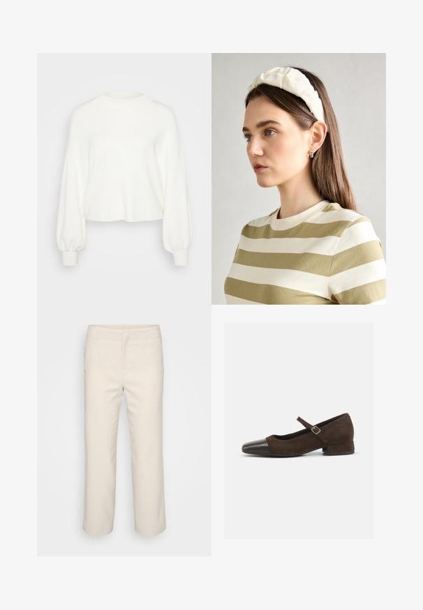Sweatshirt curto branco feito de um tecido de malha suave. Apresenta mangas longas e bufantes com punhos canelados e um design de gola redonda.; Calças beige, sob medida, com um design de perna reta, frente lisa e dois bolsos laterais. Feitas de um tecido suave com um acabamento limpo.; Sapatilha Mary Jane em camurça castanha com biqueira em pele envernizada preta, tira ajustável e um salto bloco baixo. Textura suave com mínimos detalhes.; Fita de cabelo almofadada em creme com design torcido, acompanhada de uma camisa às riscas bege e branca com escote redondo. Acentos discretos em joias.
