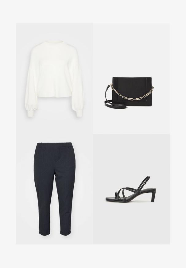 Maglione bianco a maniche corte realizzato in morbido tessuto a maglia. Presenta maniche lunghe a sbuffo con polsini a costine e un design a scollo rotondo.; Pantaloni grigi scuri con un design slim, caratterizzati da una superficie liscia, orli a fondo cuffie e tasche laterali. Aspetto classico e sartoriale.; Sandalo nero con cinturini, dalla punta squadrata e tacco basso a blocco. Presenta diversi cinturini sottili e una cinturini regolabile alla caviglia. Realizzato in pelle liscia.; Borsa a tracolla nera in pelle con una texture liscia, forma rettangolare e dettaglio in catena metallica sul davanti. Inclusa una tracolla regolabile.; Anello doppio in argento con superficie liscia e lucida. Presenta un design fluido e curvo con sezioni sovrapposte per un aspetto moderno.