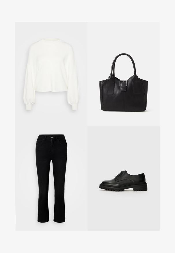 Bela skrajšana pulover, izdelan iz mehke pletene tkanine. Ima dolge, napihnjene rokave z rebrastimi manšetami in okroglo obliko vratu.; ONLY Petite ONLEVERLY SWEET FLARED - Kavbojke na zvonec - washed black; Črne usnjene oksfordke z okroglo konico, zavezovanjem in teksturirano gumijasto podplato, ki ima boljše oprijemanje.; Črna usnjena torba s gladko teksturo, strukturirano obliko, dvema ročkama in izrazitim srebrnim sponko na sprednji strani.