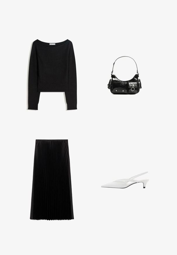Pulover negru din tricot cu decolteu pe umeri, mâneci lungi și manșete și tiv tivuite. Confecționat din material moale și texturat.; Fustă midi plisată neagră din țesătură texturată, cu pliuri verticale și un talie ajustată, oferind o siluetă fluidă.; Sandale albe cu toc slingback și vârf ascuțit, având un upper neted, decupaje subtile și un toc bloc mic. Talpa neagră accentuează designul.; Geantă de mână din piele lăcuită neagră, cu o formă curbată, un umăr, buzunare frontale și accente din metal argintiu.
