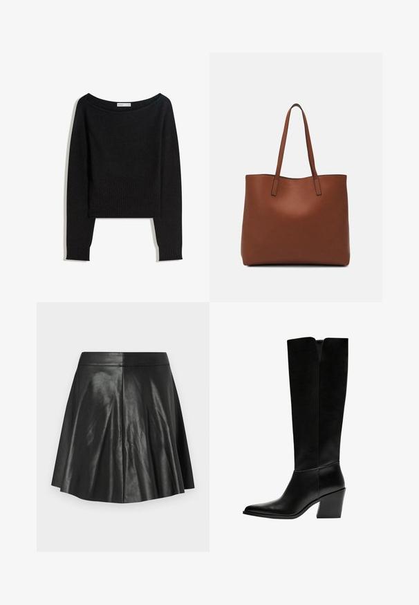 Czarny sweter dziany z dekoltem odkrywającym ramiona, długimi rękawami oraz ściągaczami przy mankietach i dole. Wykonany z miękkiego, teksturowanego materiału.; Czarna, rozkloszowana spódnica z ekoskóry z przeszyciami i dopasowaną talią na jednolitym, jasnym tle.; Czarne kozaki do kolan wykonane z gładkiej skóry, z ostro zakończonym noskiem, blokowym obcasem i wycięciem w kształcie litery V na górze.; Brązowa skórzana torba tote o gładkiej fakturze, z otwartym wierzchem i dwoma ramiączkami. Charakteryzuje się minimalnym przeszyciem i brakiem widocznych elementów metalowych.