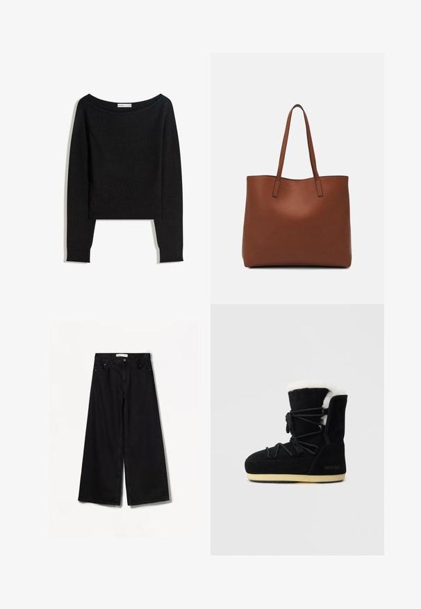 Pull noir en maille avec un décolleté épaules dénudées, manches longues et poignets et ourlet côtelés. Confectionné en matière douce et texturée.; Bershka WIDE-LEG - Wide Leg - black; Botte en suede noire avec une doublure en fourrure blanche, présentant un laçage à l'avant, un support de cheville rembourré et une semelle en caoutchouc pour l'adhérence.; Sac fourre-tout en cuir marron avec une texture lisse, design à ouverture supérieure et deux poignées pour le porter à l'épaule. Présente des coutures minimales et aucun matériel visible.