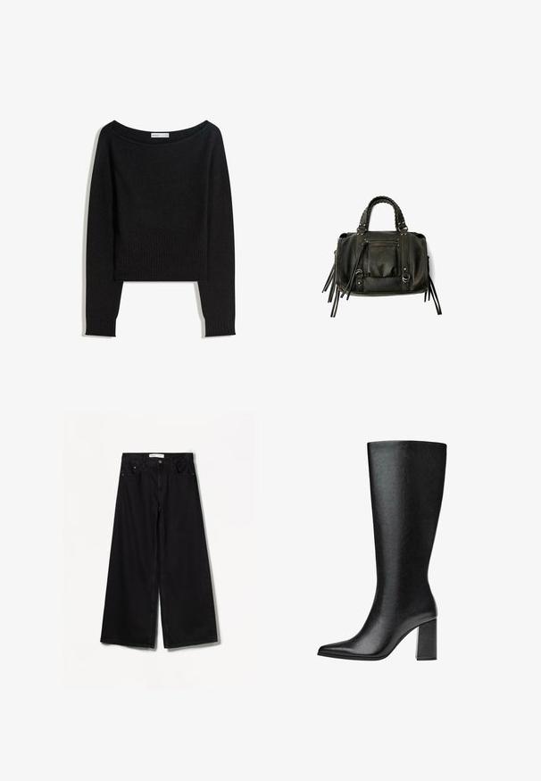 Black knit sweater with an off-the-shoulder neckline, long sleeves, and ribbed cuffs and hem. Made from soft, textured material.; Bershka WIDE-LEG - Wide Leg - black; Black knee-high boot made of faux leather with a pointed toe, smooth texture, and a chunky block heel. Minimalist design with no visible accents.; Black leather handbag with braided handles, zipper pocket, and hanging tassels. Textured surface with metal studs and hardware accents.