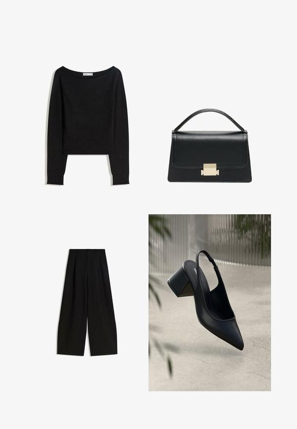 Musta neulepusero, jossa on paljas olkapää -kaula-aukko, pitkät hihat sekä resorit hihansuissa ja helmassa. Valmistettu pehmeästä, tekstuurillisesta materiaalista.; Mustat leveät housut, jotka on valmistettu sileästä kankaasta, joissa on korkea vyötärö, etupuolella laskos ja ei näkyviä koristeita tai kuvioita.; Mustat nahkaiset slingback-korkokengät, joissa on terävä kärki ja palikkakorko. Sujuva pinta, minimalistinen muotoilu ja säädettävä nilkkahihna.; Musta nahkakäsilaukku, jossa on jämäkkä muotoilu, yläkahva ja kultainen metallisolki edessä. Sujuva pinta, minimaalinen ompelu.