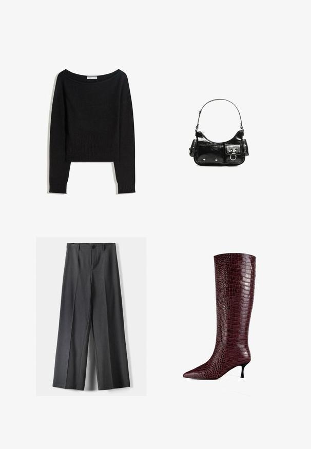 Černý pletený svetr s vykrojeným výstřihem přes ramena, dlouhými rukávy a žebrovanými manžetami a lemem. Vyroben z měkkého, texturovaného materiálu.; Kalhoty s širokými nohavicemi vyrobené z tmavě šedé látky, s knoflíkovým zapínáním, předními sklady a poutky na pásek. Hladká textura s přizpůsobeným střihem.; Burgundské kozačky s špičatou špičkou až ke kolenům vyrobené z texturované umělé krokodýlí kůže, s malým stiletto podpatkem a hladkým povrchem.; Černá lakovaná kožená kabelka s křivkovým tvarem, jedním ramenním popruhem, předními kapsami a stříbrnými kovovými detaily.