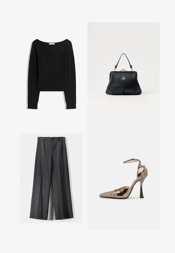 Musta neulepusero, jossa on paljas olkapää -kaula-aukko, pitkät hihat sekä resorit hihansuissa ja helmassa. Valmistettu pehmeästä, tekstuurillisesta materiaalista.; Housut, joissa on leveät lahkeet tummanharmaasta kankaasta. Varustettu napin sulkemisella, etupleiteillä ja vyölenkeillä. Sujuva rakenne ja räätälöity muotoilu.; Metallinen harmaa korkokenkä, jossa on terävä kärki, nilkkalenkki ja ainutlaatuinen kulmikas korkosisustus. Sileä pinta, jossa on hienovarainen kiilto.; Musta nahkalaukku, jossa on tekstuuripinta, hopeiset yksityiskohdat, lukolla suljettava ja lyhyet kahvat kantamista varten. Kompakti ja muotoiltu design.