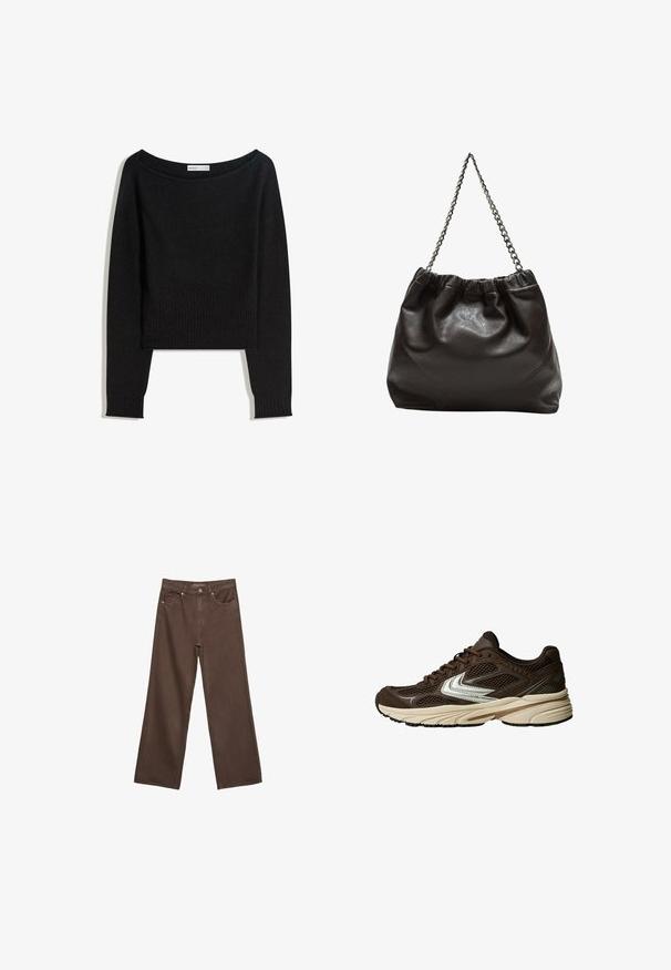 Maglione nero lavorato a maglia con scollo a barca, maniche lunghe e polsini e orlo a coste. Realizzato con materiale morbido e strutturato.; Jeans a gamba larga marroni in denim, con vita alta, tasche anteriori e chiusura a bottone classica. Tessuto liscio con cuciture sottili.; Scarpa atletica marrone con pannelli in rete, un design con accenti bianchi, una suola in gomma imbottita e una tomaia in tessuto testurizzato per la traspirabilità.; Borsa in pelle marrone con parte superiore arricciata e tracolla a catena. Texture liscia con finitura lucida e dettagli di cucitura sottili sui lati.