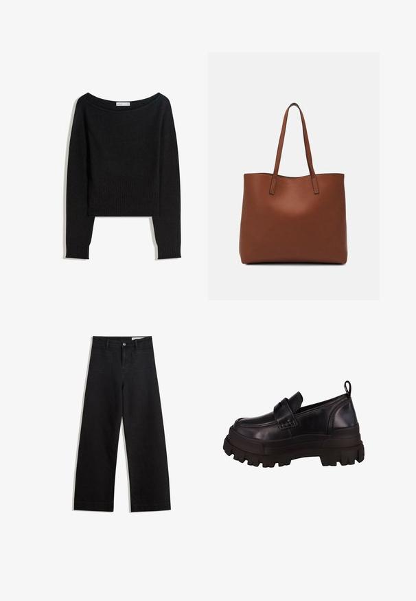 Czarny sweter dziany z dekoltem odkrywającym ramiona, długimi rękawami oraz ściągaczami przy mankietach i dole. Wykonany z miękkiego, teksturowanego materiału.; Czarne dżinsowe spodnie o szerokich nogawkach i wysokim stanie, z przednimi i tylnymi kieszeniami, przeszyciami oraz zapięciem na guziki. Gładka struktura.; Czarne skórzane buty wsuwane na grubym gumowym podbiciu, z zaokrąglonym noskiem i dekoracyjnym paskiem na górze. Teksturowane detale po bokach.; Brązowa skórzana torba tote o gładkiej fakturze, z otwartym wierzchem i dwoma ramiączkami. Charakteryzuje się minimalnym przeszyciem i brakiem widocznych elementów metalowych.