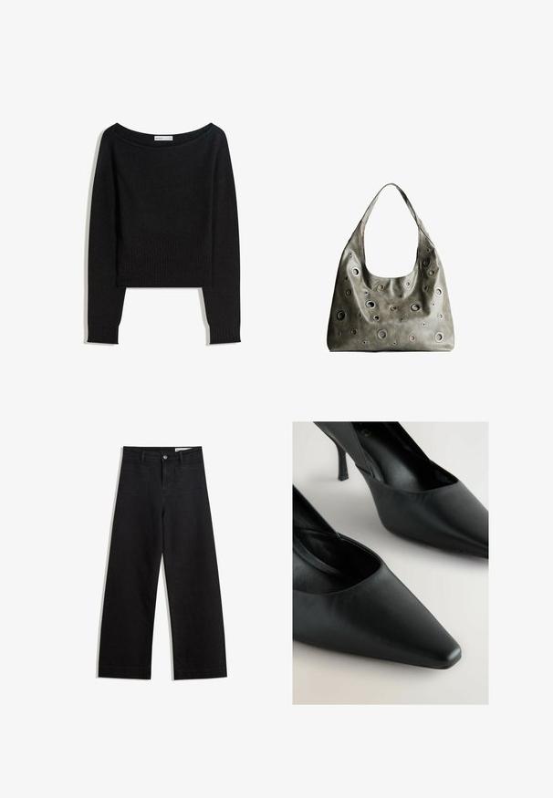 Black knit sweater with an off-the-shoulder neckline, long sleeves, and ribbed cuffs and hem. Made from soft, textured material.; Black wide-leg denim pants with a high waist, featuring front and back pockets, stitched seams, and a button closure. Smooth texture.; Black leather high heels with a pointed toe, slim stiletto heel, and smooth texture. Features a V-cut design on the sides.; Olive green leather handbag with a slouchy design, featuring various sized circular cutouts and accents in darker and lighter shades.