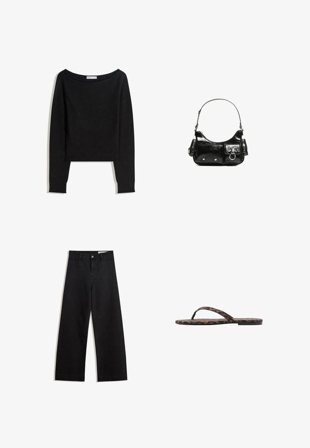 Čierny pletený sveter s výstrihom zhasnutý z ramien, dlhými rukávmi a rebrovanými manžetami a lemom. Vyrobený z mäkkého, štruktúrovaného materiálu.; Čierne denimové nohavice s širokými nohavicami a vysokým pásom, so prednými a zadnými vreckami, šitými švami a zapínaním na gombík. Hladká textúra.; Flip-flopy so sandálmi s potlačou leopardích vzorov, s plochou podrážkou, tenkými popruhmi a hladkým povrchom. Vyznačujú sa výraznými čiernymi a hnedými vzormi na materiáli.; Čierna laková kožená kabelka s ohnutým tvarom, jedným ramenným popruhom, prednými vreckami a striebornými kovovými doplnkami.