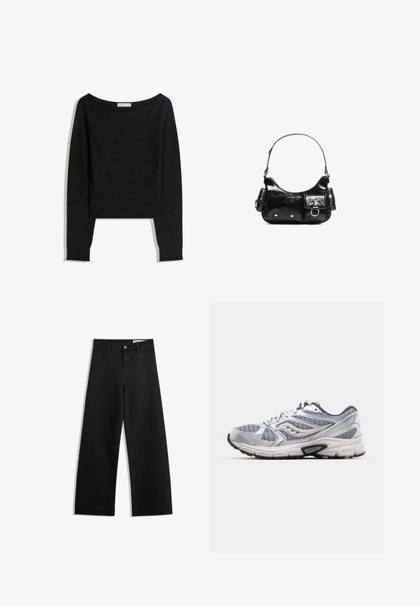 Musta neulepusero, jossa on paljas olkapää -kaula-aukko, pitkät hihat sekä resorit hihansuissa ja helmassa. Valmistettu pehmeästä, tekstuurillisesta materiaalista.; Mustat leveät farkut korkealla vyötäröllä, joissa on etu- ja takataskut, ommellut saumat ja nappisuljenta. Silkinoinen rakenne.; Hopeajuoksukenkä, jossa on verkkopinta, pehmustettu pohja ja harmaita yksityiskohtia. Ominaisuuksiin kuuluvat pyöreä varvasosa ja nauhakiinnitys. Brändilogo näkyvissä.; Mustekko mustasta kiiltonahasta valmistettu käsilaukku, jossa on kaareva muoto, yksi olkahihna, etutaskut ja hopeanväriset yksityiskohdat.