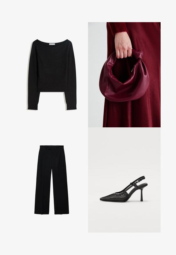 Musta neulepusero, jossa on paljas olkapää -kaula-aukko, pitkät hihat sekä resorit hihansuissa ja helmassa. Valmistettu pehmeästä, tekstuurillisesta materiaalista.; Musta korkea vyötärö, leveälahkeiset housut, joissa on vyölenkit ja sivutaskut, etuosassa vetoketjukiinnitys ja nappi.; Mustat slingback-kengät, joissa on terävä kärki, verkkokangas ja hoikka nilkkaremmi. Varustettu ohuella stiletto-korkealla ja leikatuilla yksityiskohdilla.; Burgundy-nahkakäsilaukku, jossa on pehmeä, ryppyinen muotoilu ja pyöreä muoto. Kahva on kiinnitetty tukevasti, ja siinä on sileä pinta.