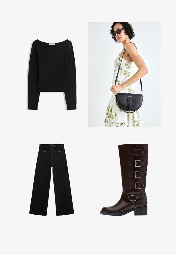 Černý pletený svetr s vykrojeným výstřihem přes ramena, dlouhými rukávy a žebrovanými manžetami a lemem. Vyroben z měkkého, texturovaného materiálu.; Černé široké džíny s vysokým pasem, obsahující dvě přední kapsy a kovové knoflíkové detaily. Látka má hladkou texturu.; Tmavohnědé kožené vysoké boty po kolena s kulatou špičkou, čtyřmi nastavitelnými přezkami a blokovým podpatkem, se hladkým a texturovaným povrchem.; Černá kožená kabelka s křivkovým tvarem, odnímatelným popruhem a zlatými detaily. Kabelka má klopu s přezkou.