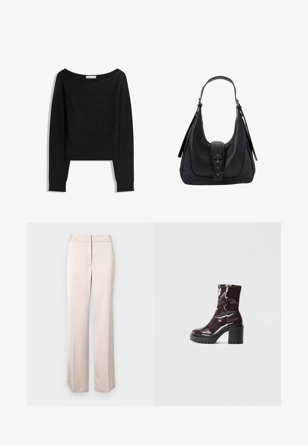 Schwarzer Strickpullover mit einem schulterfreien Ausschnitt, langen Ärmeln und gerippten Bündchen und Saum. Hergestellt aus weichem, strukturiertem Material.; Beige weite Hosen aus glattem Material mit klarer Silhouette, flachem Vorderteil und diskretem Bundverschluss.; Glatte bordeauxrote Ankle Boots mit einem klobigen schwarzen Absatz, die eine glatte Oberfläche und ein einfaches Design aufweisen. Keine sichtbaren Verschlüsse oder Muster.; Schwarze Leder-Schultertasche mit strukturiertem Finish, breitem Tragegurt und Druckknopfverschluss mit rechteckiger Schnalle und metallischen Akzenten.