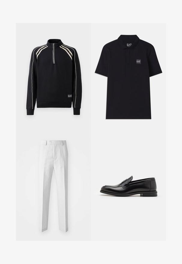 Černá sportovní mikina s vysokým límcem, čtvrtinovým zipem v přední části, krémovými pruhy a žebrovanými manžetami. Na dolním lemu je umístěna značená nášivka.; Černé polo tričko vyrobené z bavlny. Má límeček, krátké rukávy a malou nášivku loga na levé straně. Jednoduchý a klasický design.; Světle šedé kalhoty na míru vyrobené z kombinace lnu; mají rovný střih, plochý přední díl a poutka na opasek. Minimalistický design, žádné viditelné ozdoby.; Černé kožené polobotky s hladkou texturou, zaoblenou špičkou a zdobným páskem přes nárt. Nízký stohovaný podpatek, minimalistický design.