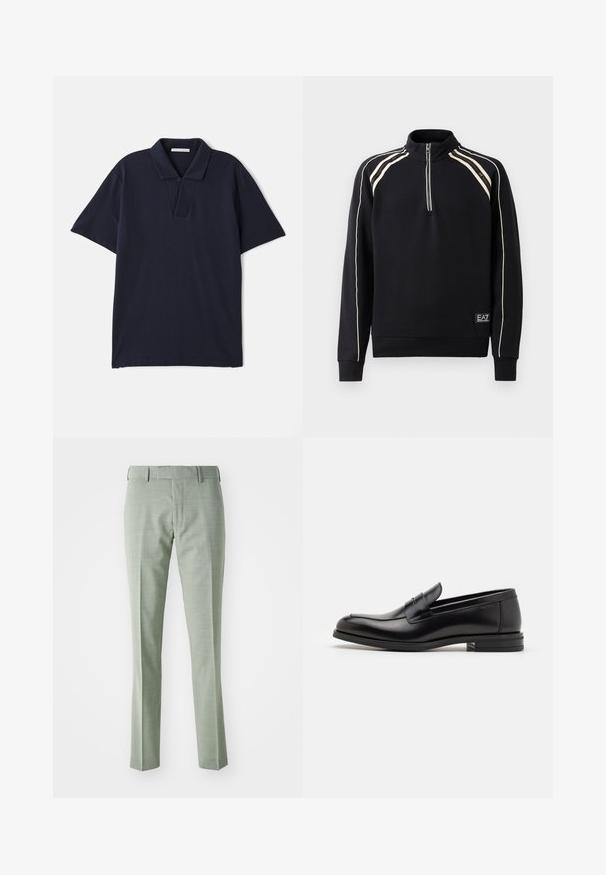 Mustan urheiluhaalarin pusero, jossa on korkea kaulus, neljänneksen vetoketju edessä, kermaiset raidat ja resorit hihansuissa. Yksi brändätty merkki helman kohdalla.; T-paita laivastonsinistä väriä, jossa on puuvillaista kangasta, kaulus, lyhyet hihat ja kaksinappinen läppä sekä sileä pinta.; Vaaleanvihreät mittatilaustyönä tehdyt housut, joissa on sileä pinta, suora lahje ja tavanomainen vyötärö, jossa on vyölenkit. Sopii virallisiin tilaisuuksiin.; Mustat nahkakengät, joissa on sileä pinta, pyöreä kärki ja koristeellinen nauha jalkapöydän yli. Matala pinoitu koroke, minimalistinen muotoilu.